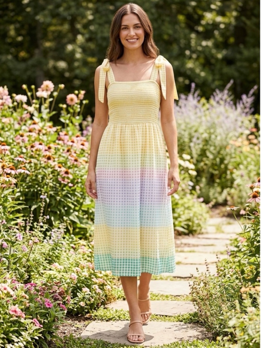 LC Lauren Conrad Yellow Gingham Smocked Midi Sundress